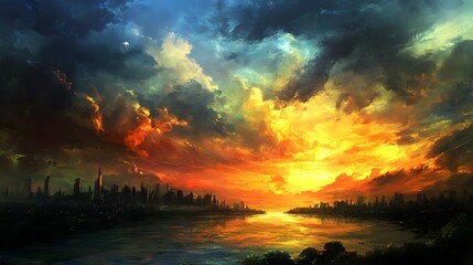 Obraz premium A vibrant sunset over a city skyline reflected in water.