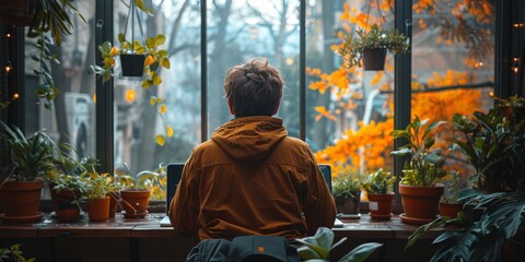 A man works from home with a view of nature outside an open window. The concept of remote work, freelancing