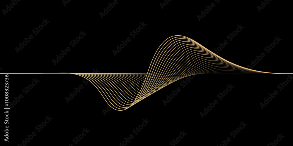 Poster 3D vector pattern of gold waves in a smooth curve, flowing dynamic golden gradient wavy lines isolated on black background concept of luxury, digital, AI, technology, communication, science, music
