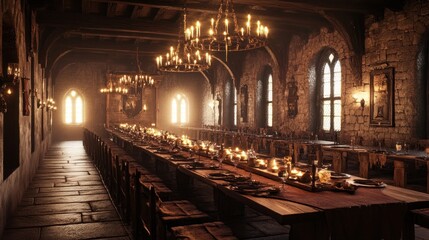 Fototapeta premium A long table sits in a dimly lit, stone medieval hall with a chandelier overhead and candlelight illuminating the setting.