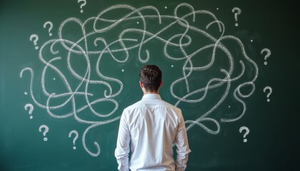 Young Man in White Shirt Expressing Confusion in Front of Green Chalkboard with Questions and Tangled Lines