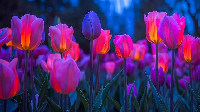 Enchanting glow of tulips in a mystical garden during twilight, 4k footage