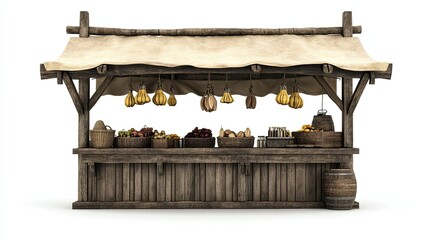 Fototapeta premium Wooden Market Stall with Fresh Fruits and Vegetables