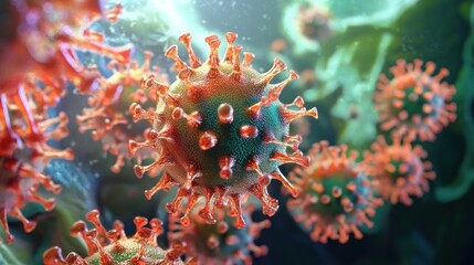 Fototapeta premium Close-up of a coronavirus with a green center and red spikes.
