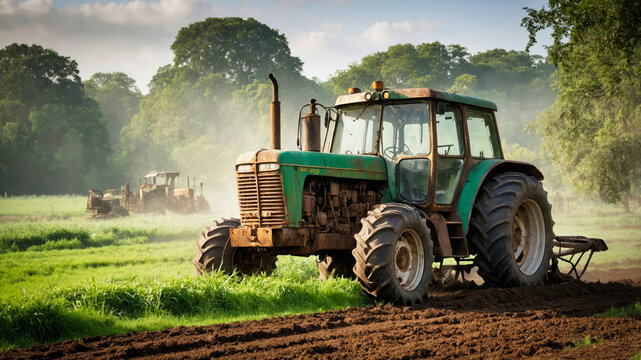 An old rusty tractor on a green field