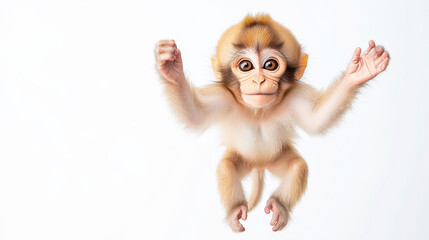 Fototapeta premium Adorable monkey floating in the sky against a white background, capturing whimsy and innocence in this delightful digital art piece.