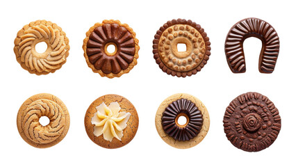 A variety of decorative cookies arranged in two rows, showcasing different shapes and designs.