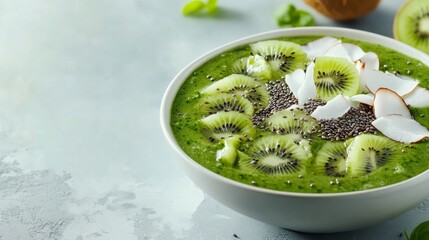 Obraz premium A smoothie bowl with vibrant toppings like kiwi, coconut, and chia seeds on a clean surface