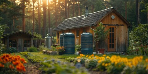 Rainwater collection system. Barrels filled with water next to a small wooden cozy garden house