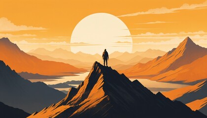 hikers or climbing on sunset mountain landscape illustration background