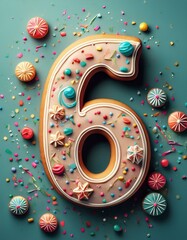 Decorated cookie, number 6, illustration for birthday or anniversary celebration