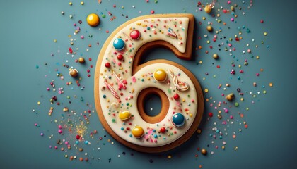 Decorated cookie, number 6, illustration for birthday or anniversary celebration