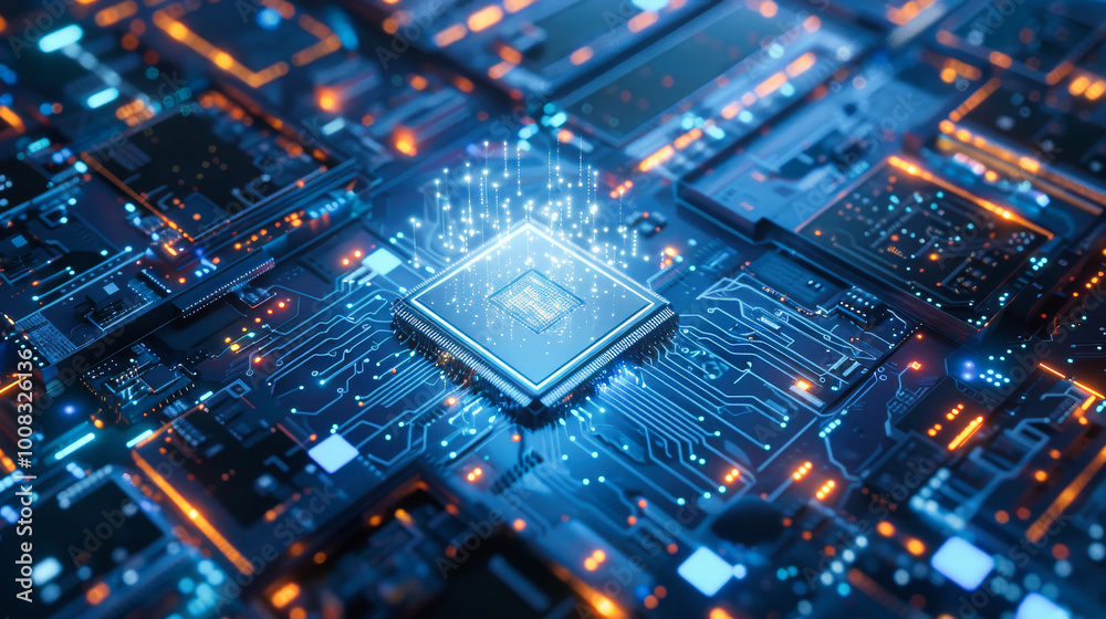 Poster close up of an advanced microchip with data flowing through it