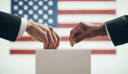 Close-up of two hands casting votes into a ballot box with American flag background representing democracy and election process