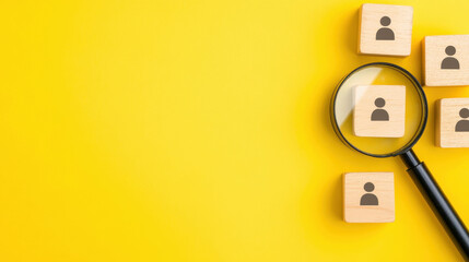 Magnifying glass on wooden cubes with people icons representing human resources and recruitment on a vibrant yellow background