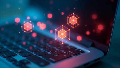 Fototapeta premium Glowing Hexagonal Shapes Above Laptop Keyboard for Creative Tech Designs