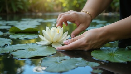 Person gently touching water lily in serene pond, symbolizing spiritual awakening and growth