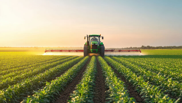 Tractor spraying crops and corn in the field during sunset for agricultural production and farming efficiency
