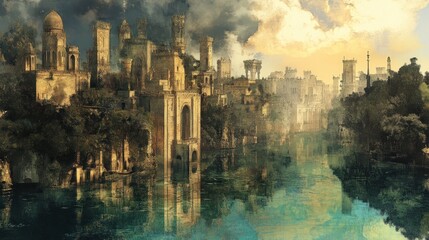 Obraz premium A picturesque, old city skyline with towering structures reflected in the water below.