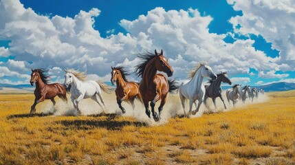 A herd of horses running through a field of golden grass, under a blue sky with fluffy white clouds.