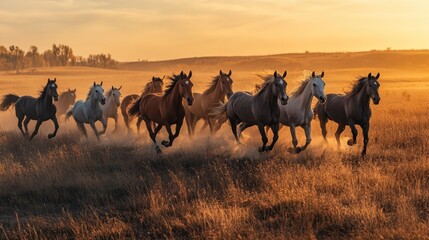 A herd of horses running through a field of tall grass at sunset.