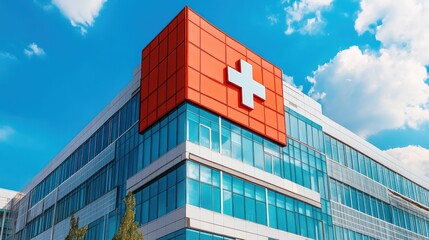 Modern office building with a red panel and a white cross on the corner against a blue sky.