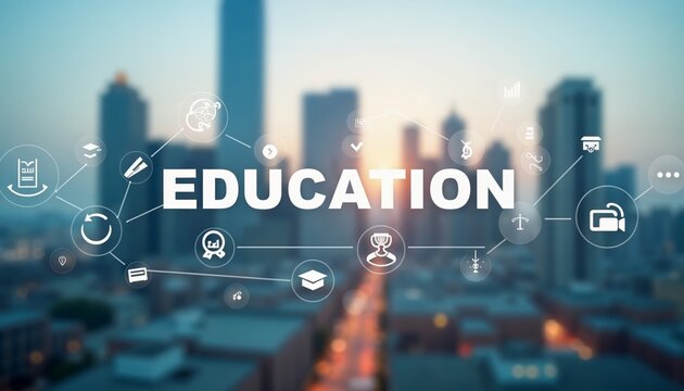 Blurred Cityscape with EDUCATION Overlaid - Ideal for School Campaigns and Educational Promotions
