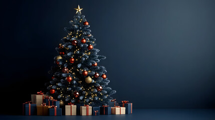Fototapeta premium Christmas tree with decoration in the navy blue background.&nbsp;
