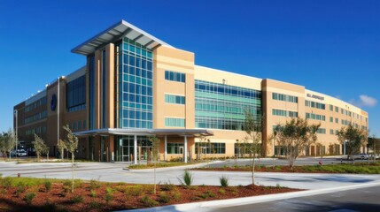 Modern office building with large windows and a blue sky.