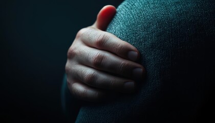 A close-up of a hand gently resting on a shoulder, representing comfort and support.