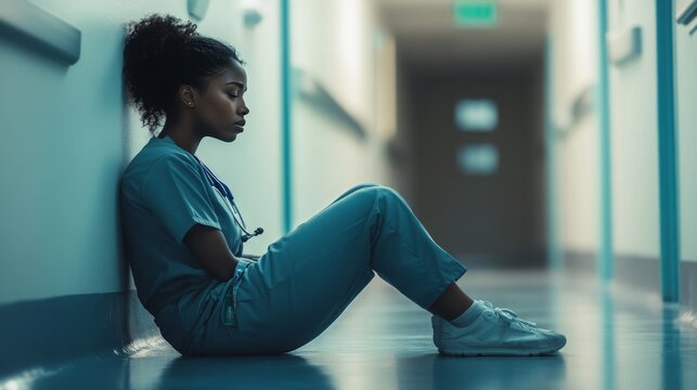 overworked, depressed and tired black woman nurse sits on hospital floor, 16:9