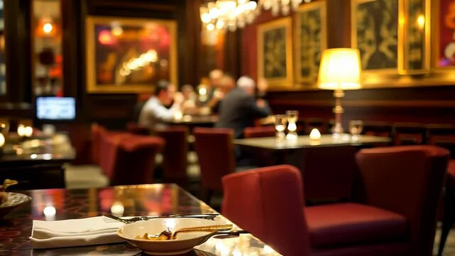 Elegant dining ambiance in a cozy restaurant setting with warm lighting and patrons enjoying their meals, 4k footage
