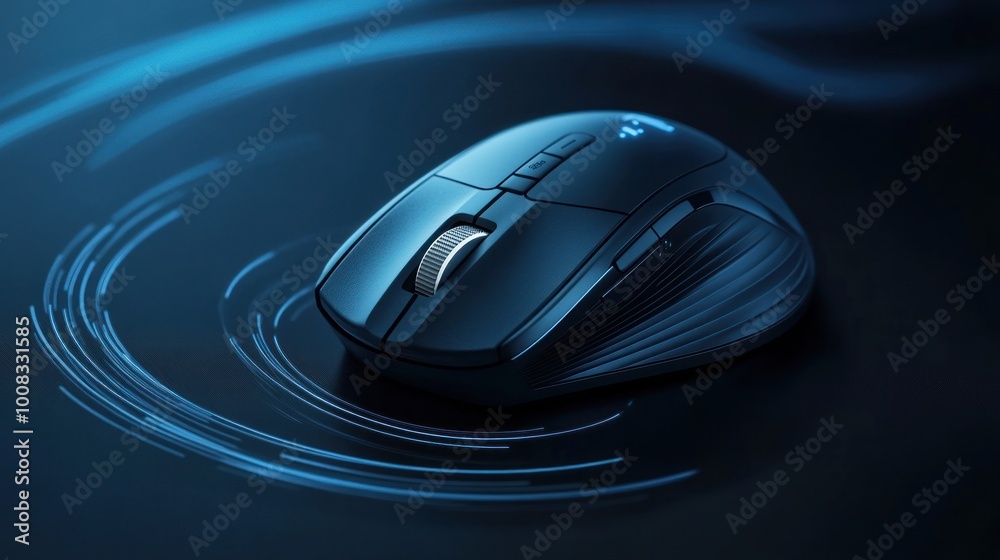 Poster modern black computer mouse with blue glow light effect on dark background.