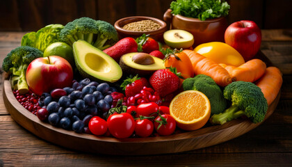 A close-up of a beautifully arranged healthy meal, featuring colorful fruits and vegetables