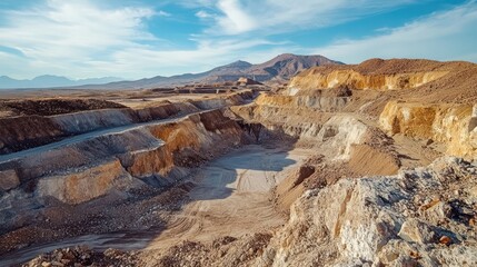 Obraz premium A vast, barren quarry with layered rock formations and a distant mountain range under a clear blue sky.