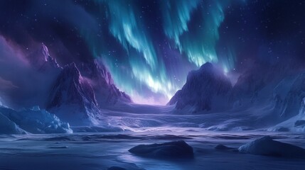 Fototapeta premium A breathtaking view of the Aurora Borealis illuminating the snowy peaks of a mountain range in the night sky.