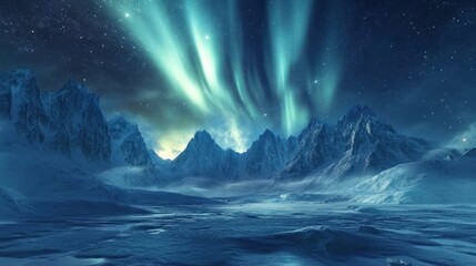 Naklejka premium A breathtaking aurora borealis display illuminates a snow-covered mountain range under a star-studded sky.