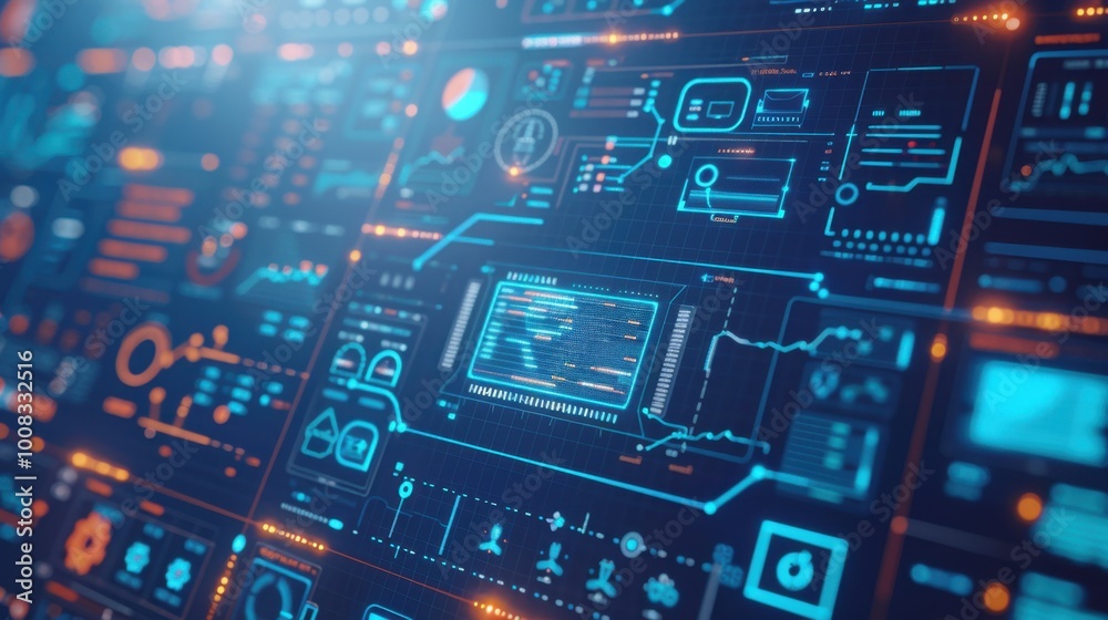 Poster futuristic digital interface with data visualizations