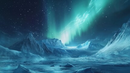 Fototapeta premium A breathtaking view of the Aurora Borealis illuminating a frozen landscape with snow-covered mountains.