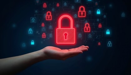 A Hand Holding a Glowing Red Padlock Icon Surrounded by Smaller Padlocks Illustrating Cybersecurity and Data Protection
