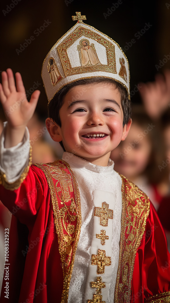 Poster Joyful School Play with Children Dressed as Saint Nicholas  