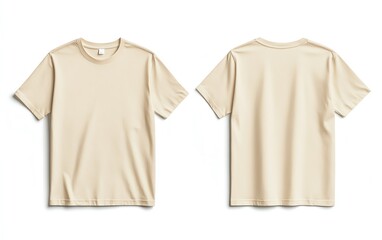 Front and back view mockup of a plain pastel pink tshirt on a white background, displayed side by side, smooth texture, realistic shadow effects, minimalistic design, sharp edges