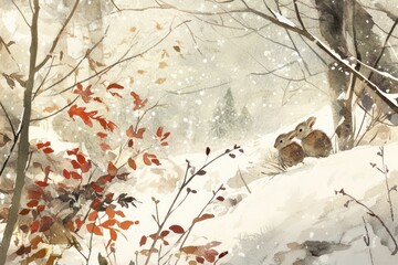 Two bunnies huddle together in the snow, seeking warmth and shelter amidst a winter wonderland