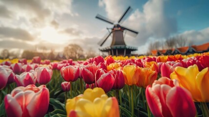 Vibrant tulips in a field with a windmill in the background.