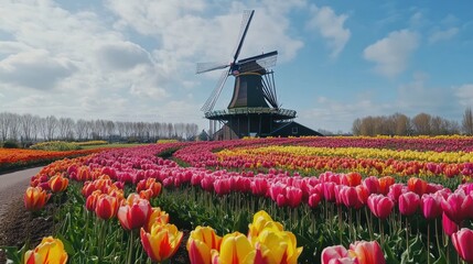 A Dutch windmill stands tall over a vibrant field of pink, yellow, and orange tulips.