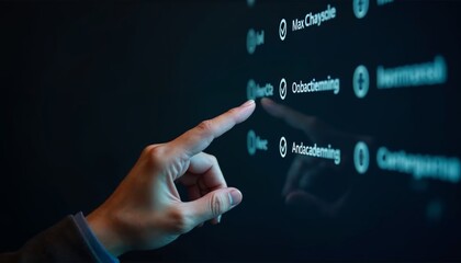 A hand pointing at a digital interface with various options displayed on a dark background, ideal for showcasing technology and user interaction.