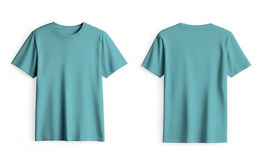 Front and back view mockup of a plain pastel pink tshirt on a white background, displayed side by side, smooth texture, realistic shadow effects, minimalistic design, sharp edges