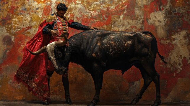 A bullfighter in traditional red and gold costume stands beside a black bull against a textured background.