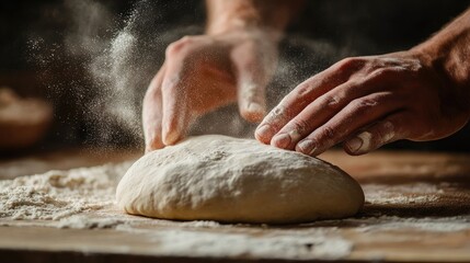 Obraz premium Close-Up of Hands Kneading Dough with Flour Swirling, Rustic Baking Scene