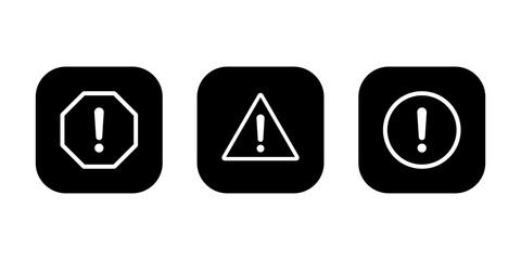 Risk, warning sign icon set on black square. Danger caution symbol